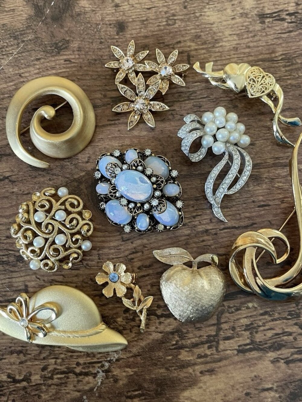 Vintage Brooch Lot 10 Pc ART Coro Monet Jana Avon Opalite Rhinestone Gold Tone